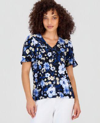 anne klein essentials womens printed ruffle sleeve top