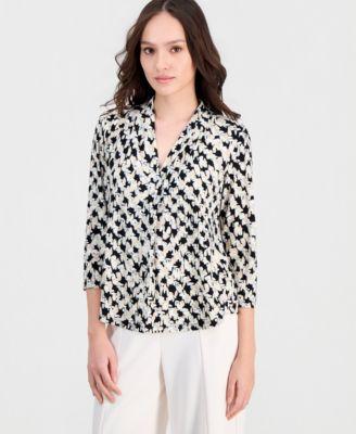 anne klein essentials womens printed v neck 3 4 sleeve top