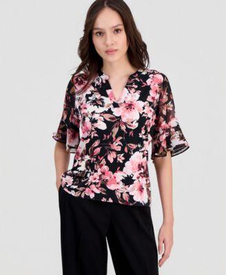 anne klein essentials womens ruffle cuff split neck top