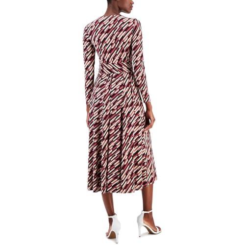 anne klein printed square neck tie waist midi dress