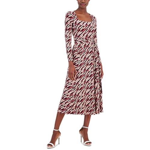 anne klein printed square neck tie waist midi dress