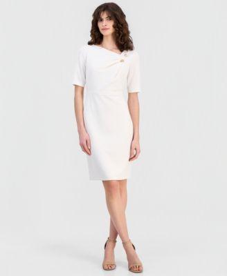 anne klein womens asymmetric neck elbow sleeve dress