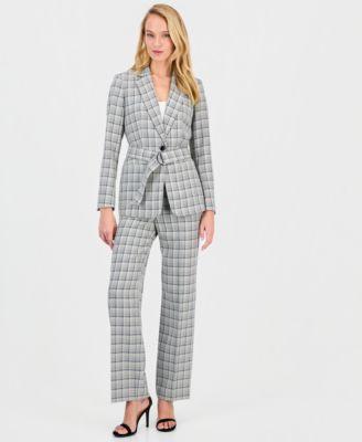 anne klein womens belted notch collar jacket printed mid rise pants