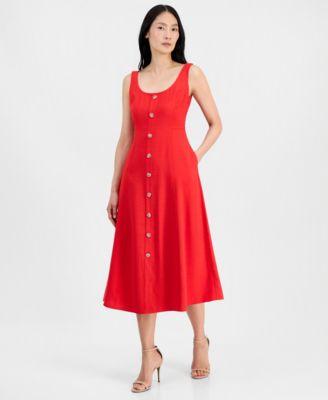 anne klein womens button detail sleeveless midi dress