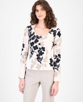 anne klein womens collarless printed four button twill jacket