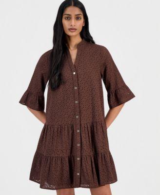 anne klein womens cotton eyelet tiered swing shirt dress
