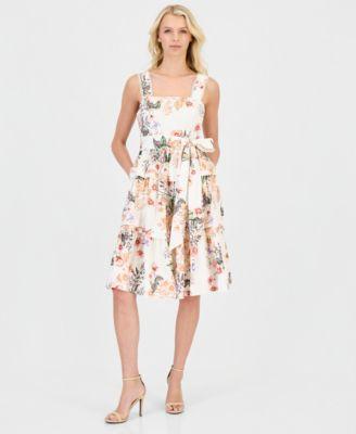 anne klein womens cotton floral tiered fit flare dress