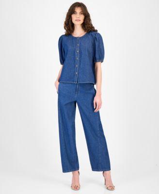 anne klein womens cotton gathered denim blouse cotton high rise wide leg jeans