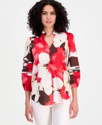 anne klein womens cotton ruffled neck 3 4 sleeve blouse