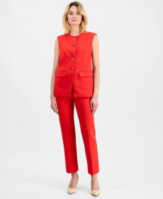 anne klein womens crewneck button front vest stretch crepe pull on hollywood waist straight ankle pants