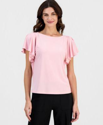 anne klein womens crewneck cascade flutter sleeve top