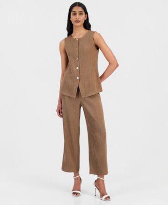 anne klein womens crinkle knit sleeveless button front top crinkle knit pull on wide leg pants