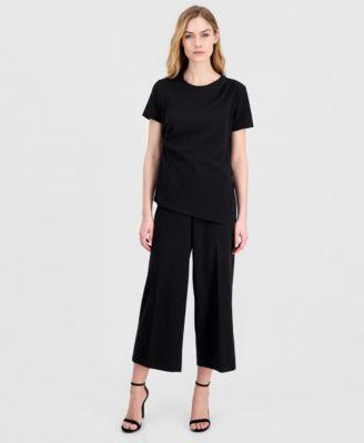 anne klein womens draped front short sleeve top cropped wide leg pants