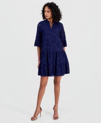 anne klein womens eyelet embroidered cotton flare sleeve shirtdress