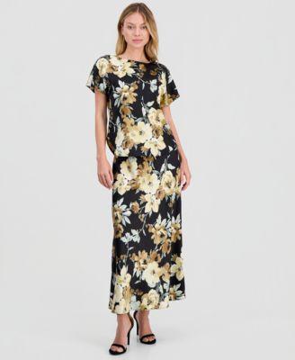 anne klein womens floral print bateau neck top pull on flared skirt