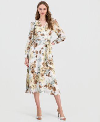 anne klein womens floral printed belted midi dress