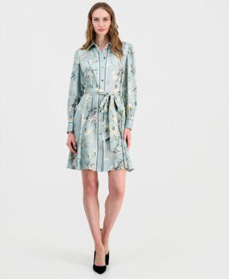 anne klein womens floral printed tie waist shirtdress