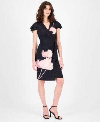 anne klein womens flutter sleeve faux wrap dress