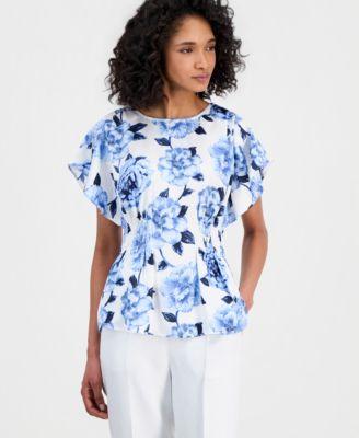 anne klein womens flutter sleeve smocked waist floral top