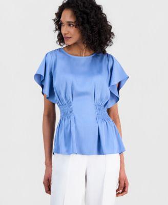 anne klein womens flutter sleeve smocked waist top