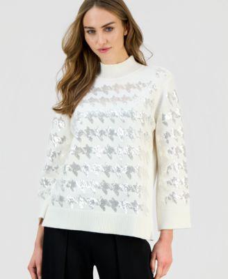 anne klein womens houndstooth sequin mock neck sweater