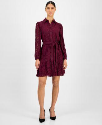 anne klein womens lace tie waist tiered shirtdress