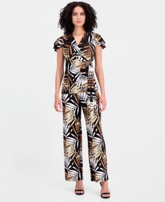 anne klein womens leo palm print flutter sleeve wrap top palm print pull on wide leg pants