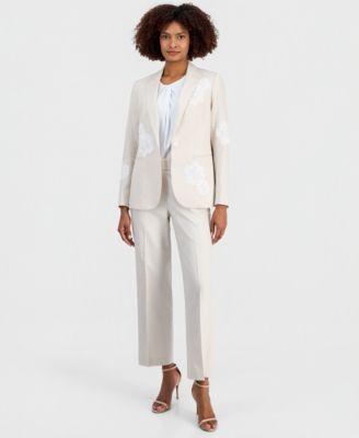 anne klein womens linen blend one button embroidered blazer wide leg pants