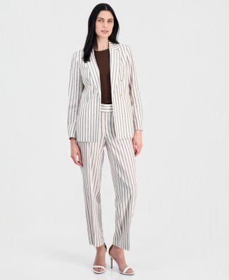 anne klein womens linen blend striped blazer scallop trim sleeveless top striped pull on pants