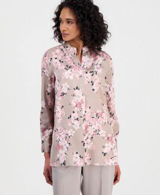 anne klein womens long sleeve floral popover blouse