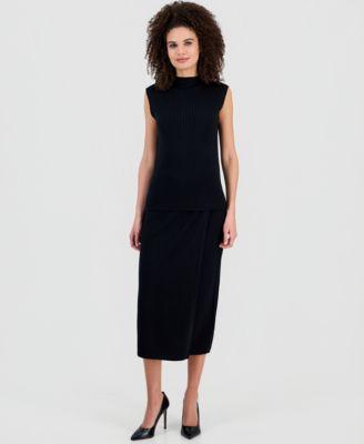 anne klein womens merino wool ribbed knit sleeveless sweater ribbed knit faux wrap midi skirt