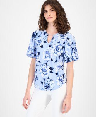anne klein womens pleated printed bell sleeve top