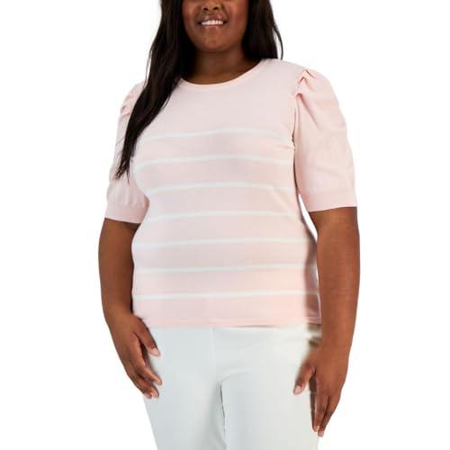 anne klein womens plus striped puff sleeves pullover top pink 1x
