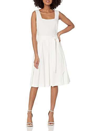 anne klein womens printed cttn sateen square neck fit & fl dress, bright white, 4 us