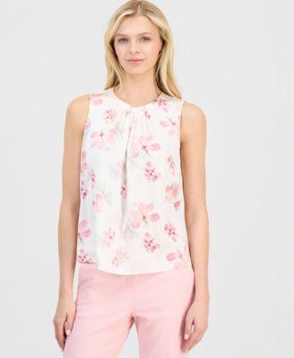 anne klein womens printed pleated neck sleeveless top
