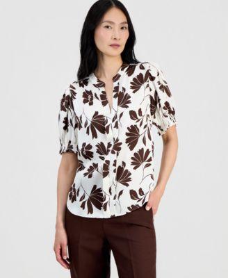 anne klein womens printed puff sleeve blouse