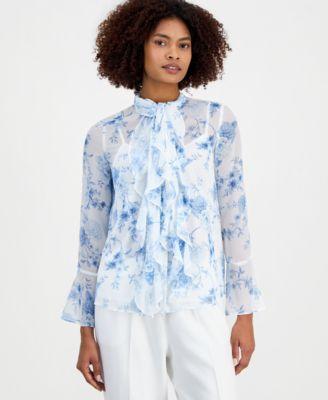 anne klein womens printed ruffled long sleeve blouse