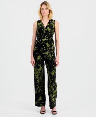 anne klein womens printed sleeveless faux wrap top printed high rise wide leg pants
