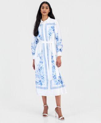 anne klein womens printed tie waist midi shirtdress