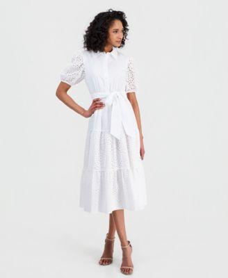anne klein womens puff sleeve midi eyelet shirtdress