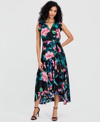 anne klein womens ruffle sleeve v neck high low wrap dress