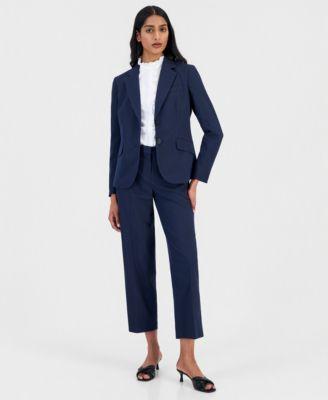 anne klein womens seersucker stripe blazer ruffle trim shirt seersucker stripe pants