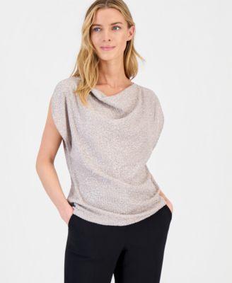 anne klein womens sequin embellished cowlneck blouse