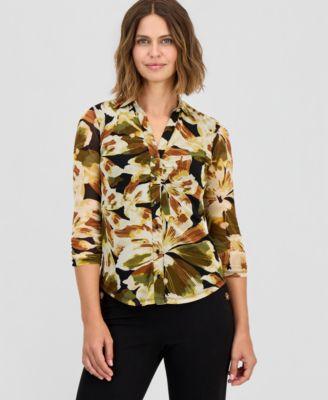 anne klein womens shirred 3 4 sleeve shirt