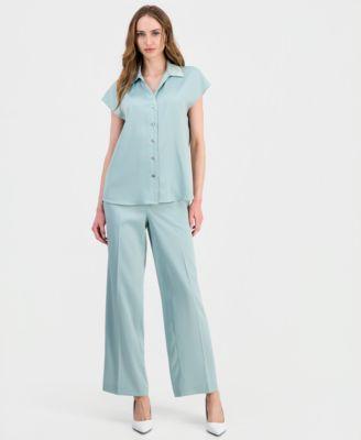 anne klein womens short sleeve blouse high rise wide leg pants