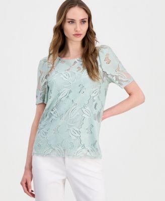 anne klein womens short sleeve floral lace top regular petite