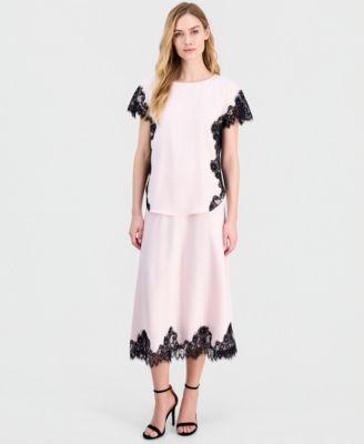 anne klein womens short sleeve lace trim top pull on lace trim midi skirt