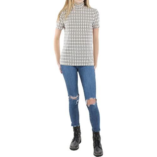 anne klein womens short sleeve mock neck top blouse, anne white/anne black, small us