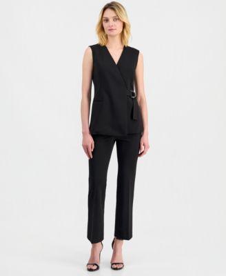anne klein womens sleeveless d ring wrap blazer pull on kick flare pants