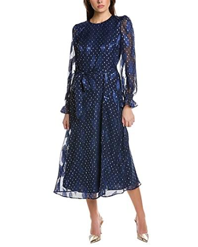 anne klein womens smocked midi dress, dark prussian blue/ivory, 12 us